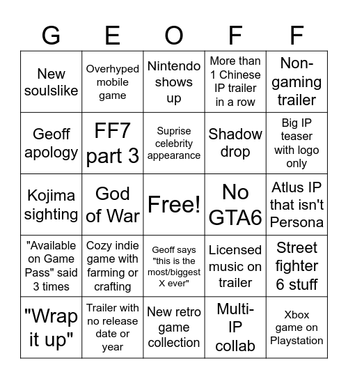 Summer Lame Fest Bingo Card
