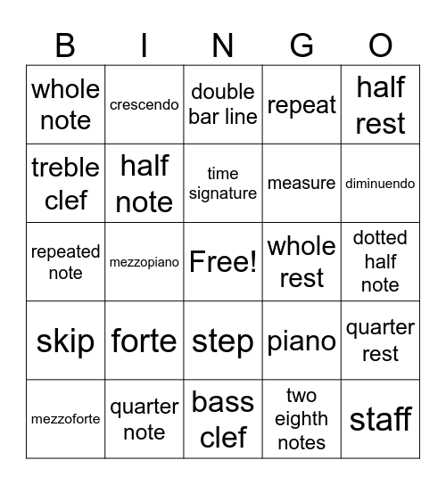 music symbols Bingo Card