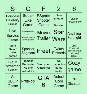 Summer Game Fest 2026 Bingo Card