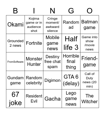 Summer Game Fest Bingo Card