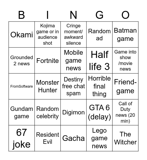Summer Game Fest Bingo Card