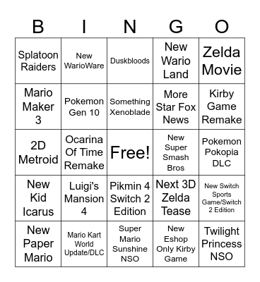 June Nintendo Direct Bingo Card