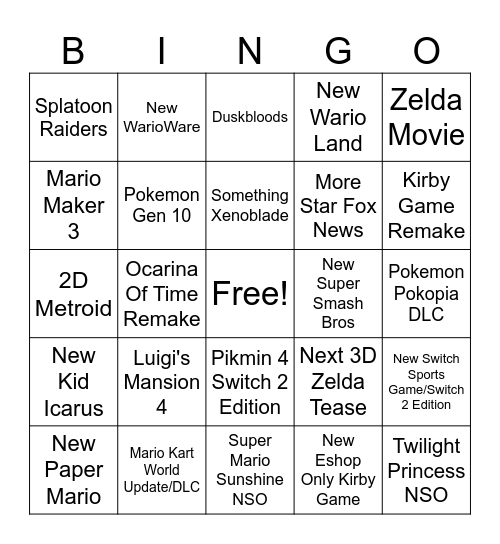 June Nintendo Direct Bingo Card