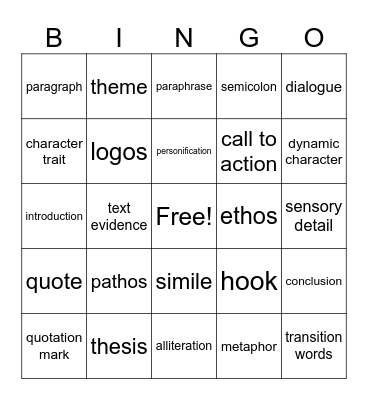 Language Arts Vocabulary Bingo Card