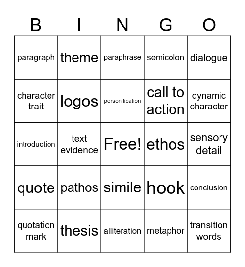 Language Arts Vocabulary Bingo Card