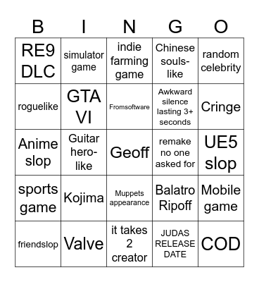 Summer Game Fest Bingo Card