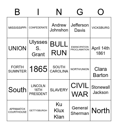 Civil War Bingo Card