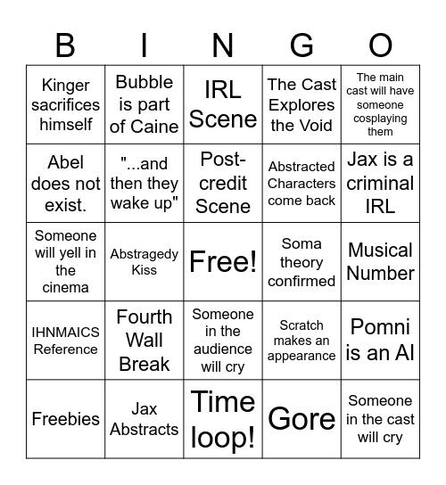 The Amazing Digital Circus Bingo Card