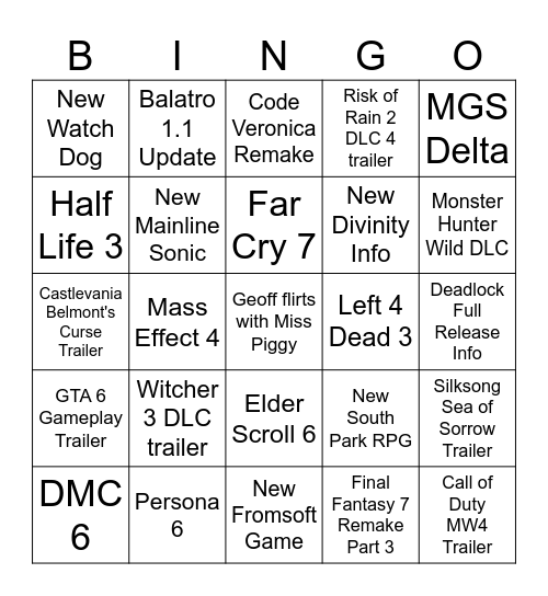 Summer Game Fest 2026 Bingo Card