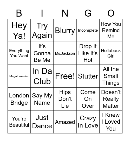 2000s Music Bingo Card