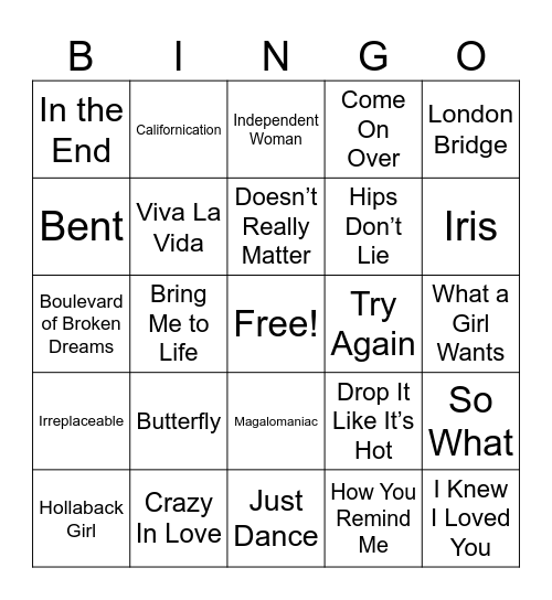 2000s Music Bingo Card