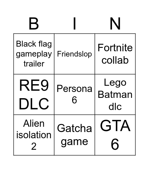 Summmer games fest Bingo Card