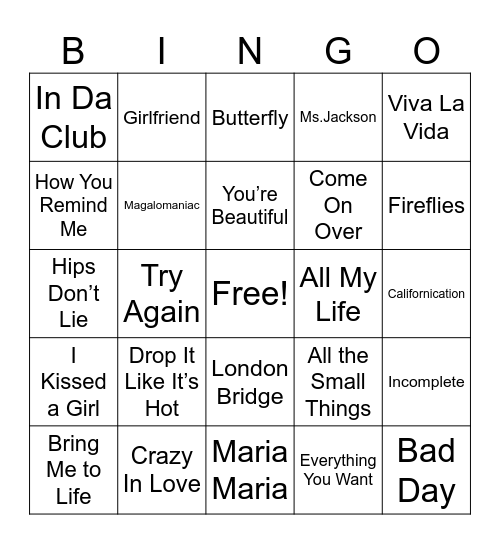 2000s Music Bingo Card
