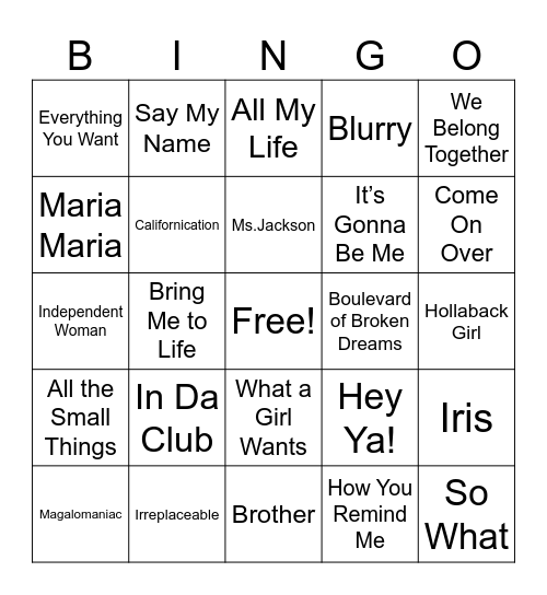 2000s Music Bingo Card