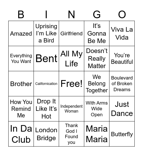 2000s Music Bingo Card