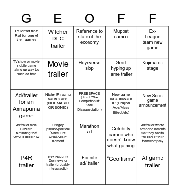 Alex's Summer Games Fest Bingo Card Bingo Card