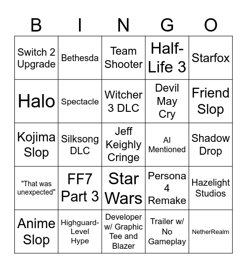 Summer Game Fest Bingo Card