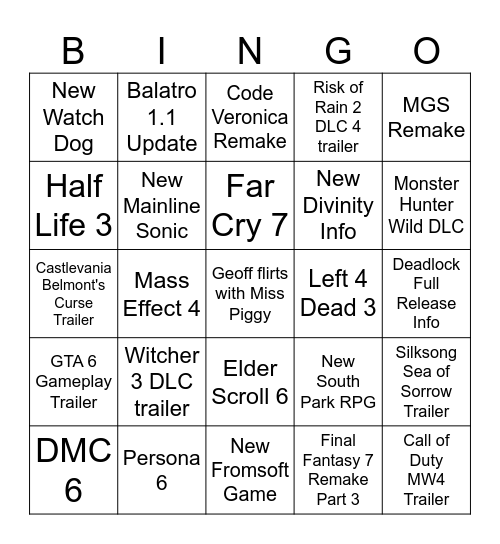 Summer Game Fest 2026 Bingo Card
