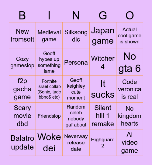 Summer games fest Bingo Card