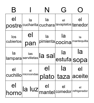 La cocina  Bingo Card