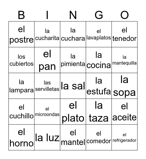 La cocina  Bingo Card