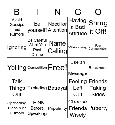 Girl's Drama Bingo Card