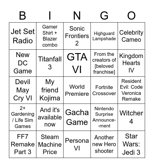 Summer Games Fest Bingo Card