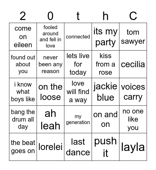 20th century Bingo Card
