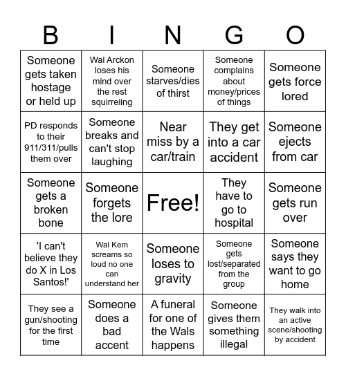 Wal Family Night Bingo Card