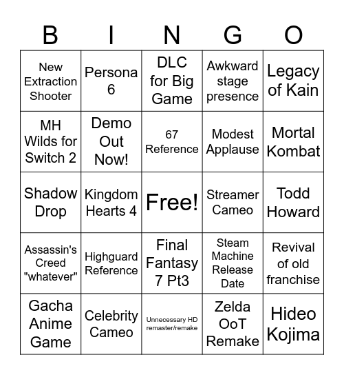 Summer Game Fest '26 Bingo Card