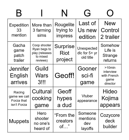 Summer Games Fest 2026 Bingo Card