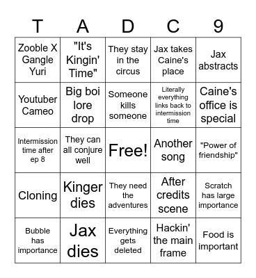 TADC Last Act Bingo Card Bingo Card