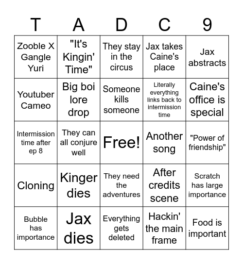 TADC Last Act Bingo Card Bingo Card