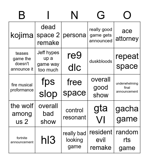 Sumer games fest Bingo Card