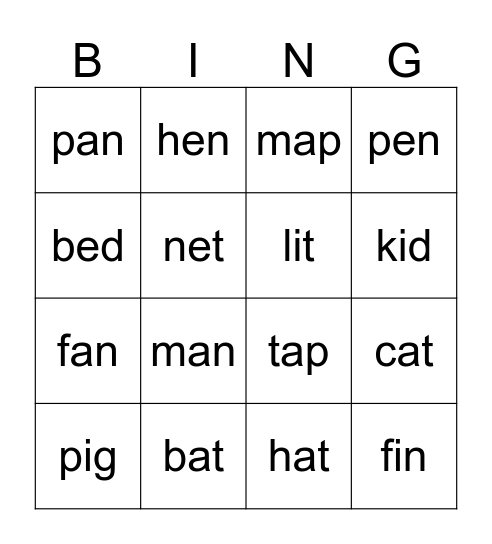 Short Vowel Bingo Card