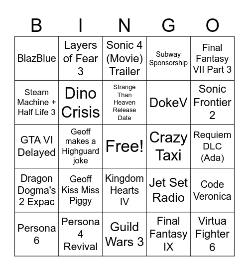 Summer Game Fest 2025 Bingo Card