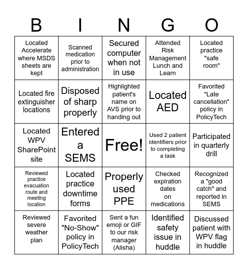 Healthcare Risk Management Week BINGO Card