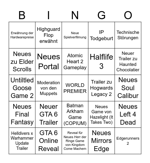 Summer Game Fest 2026 Bullshit Bingo Card