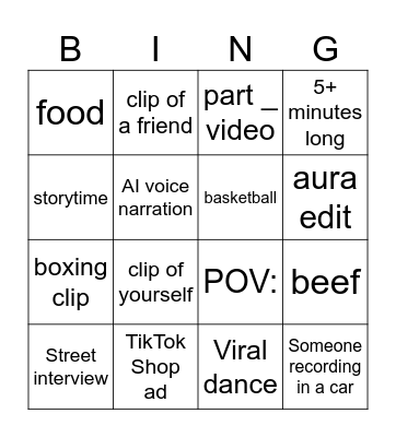 TIKTOK Bingo Card
