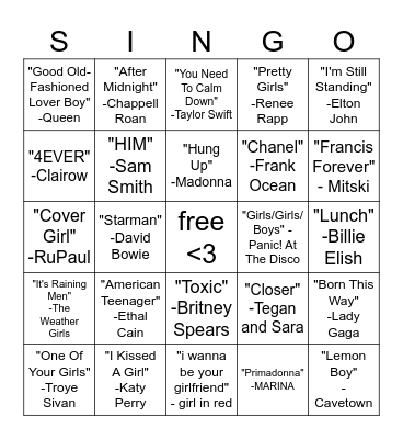 Pride Singo Bingo Card