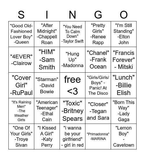 Pride Singo Bingo Card