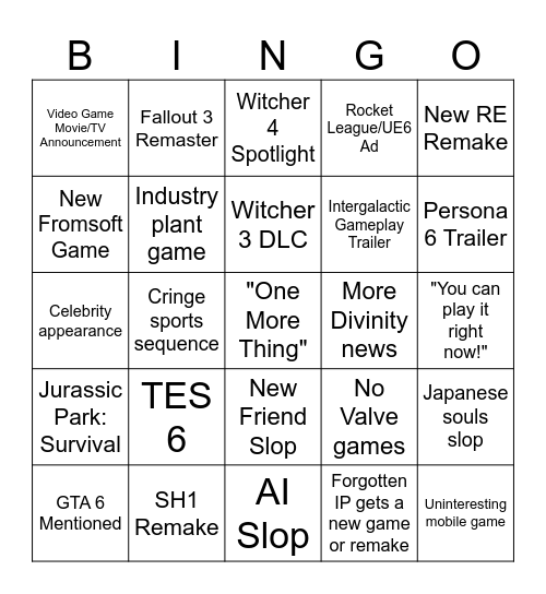 Summer Game Fest 2026 Bingo Card