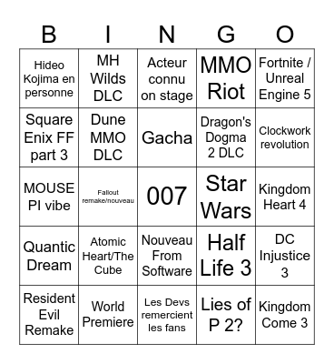 Summer Game fest Bingo Card