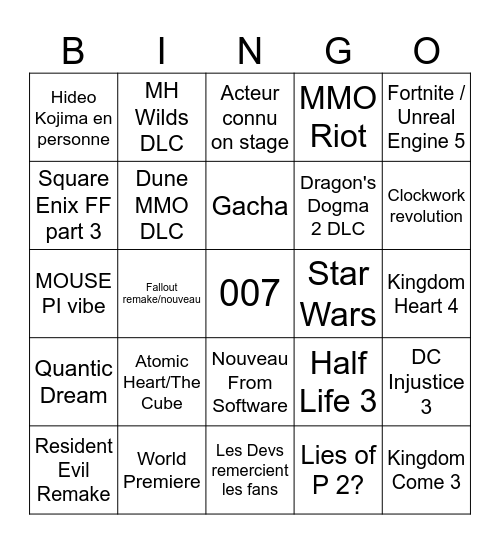 Summer Game fest Bingo Card