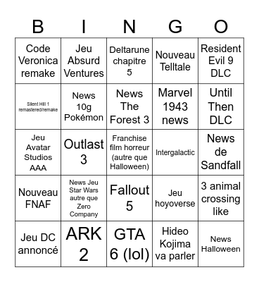 Bingo Summer Game Fest Bingo Card