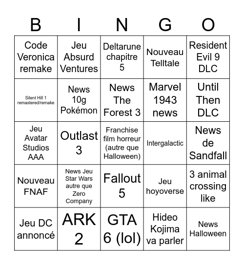 Bingo Summer Game Fest Bingo Card