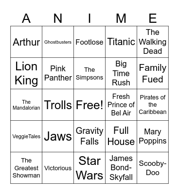 Musical Bingo TV and Movie Theme Songs Bingo Card