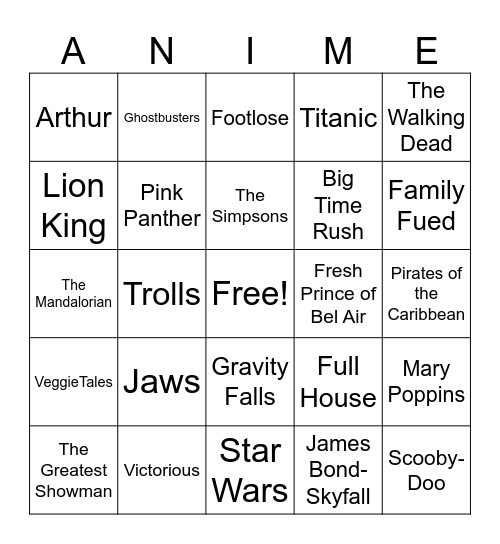 Musical Bingo TV and Movie Theme Songs Bingo Card