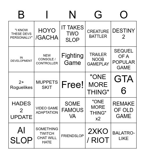 Summer Games Fest 2026 Bingo Card