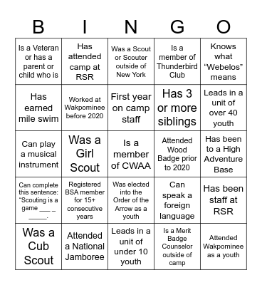 Wakpominee Staff Training Bingo Card